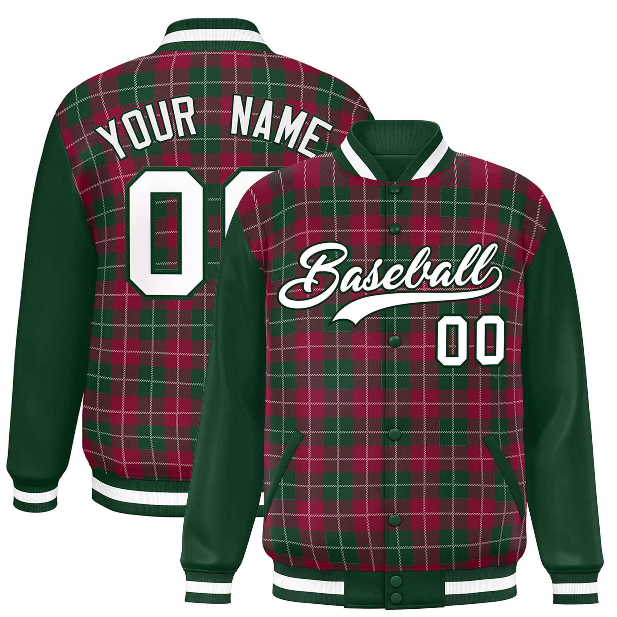 Custom Crimson Green-White Varsity Full-Snap Plaid Pattern Letterman Baseball Jacket