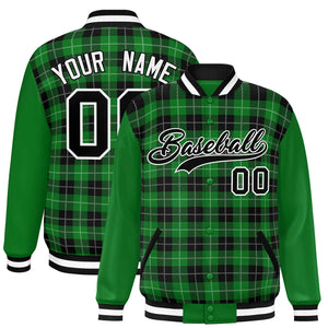 Custom Black Green-White Varsity Full-Snap Plaid Pattern Letterman Baseball Jacket