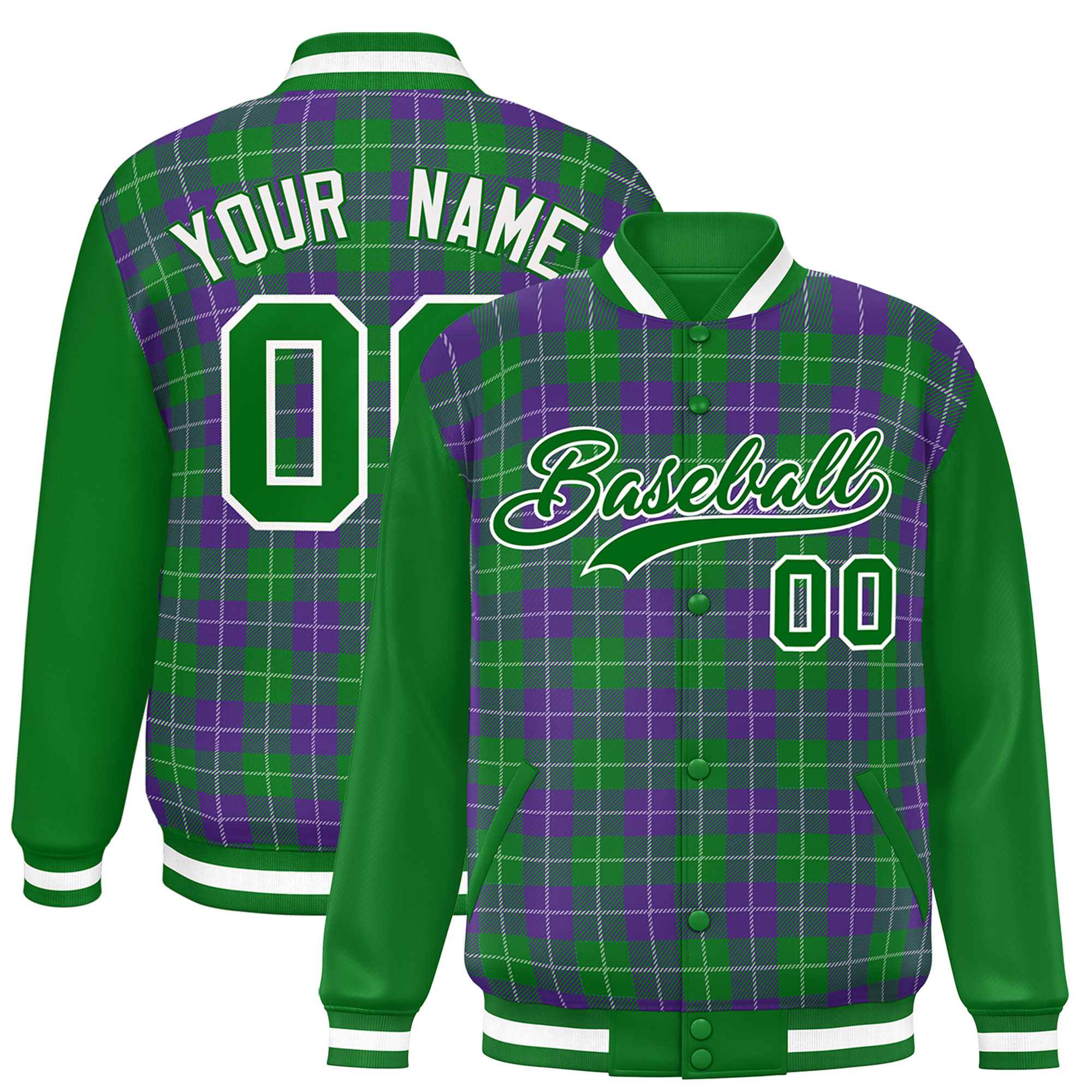 Custom Purple Green-White Varsity Full-Snap Plaid Pattern Letterman Baseball Jacket