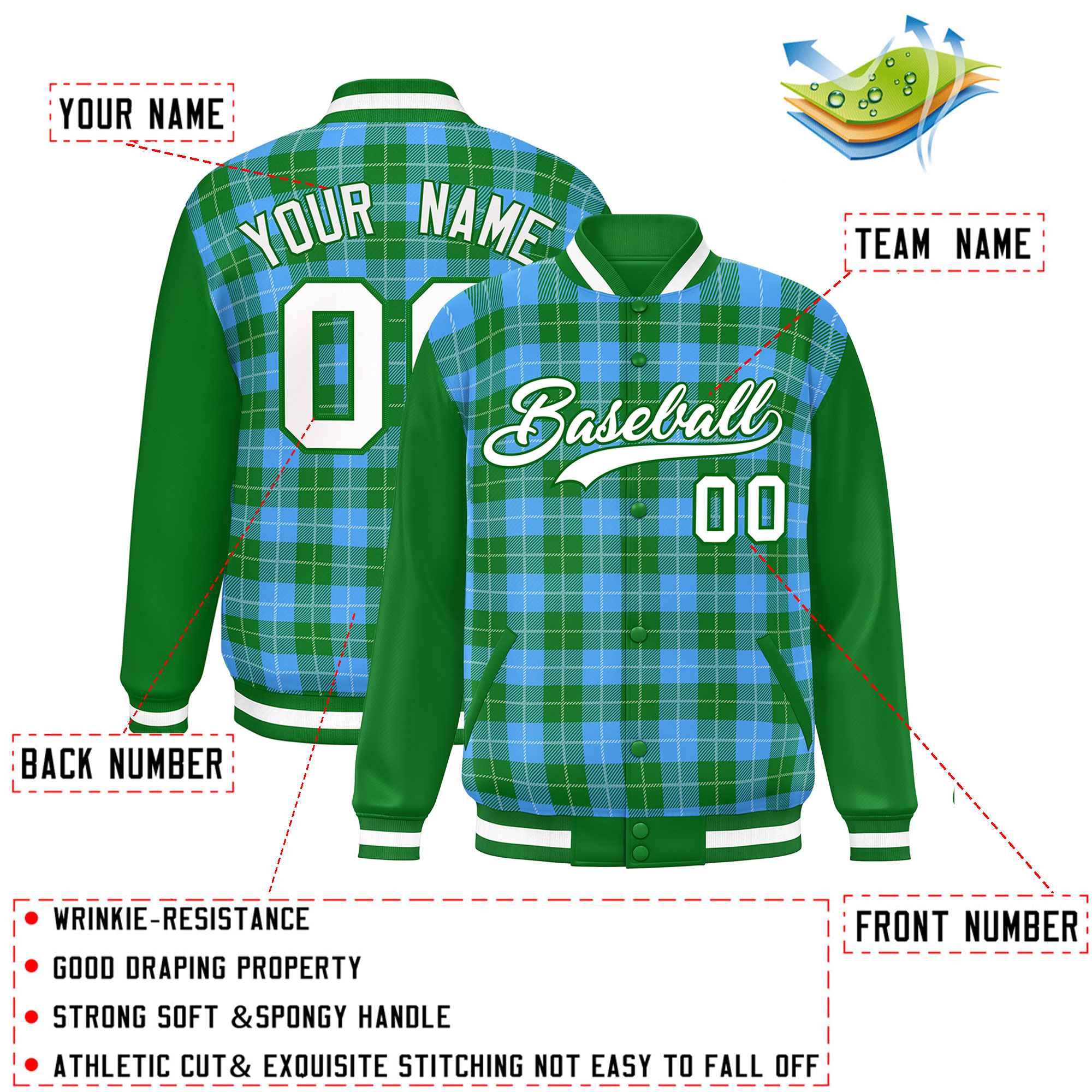 Custom Powder Blue Green-White Varsity Full-Snap Plaid Pattern Letterman Baseball Jacket