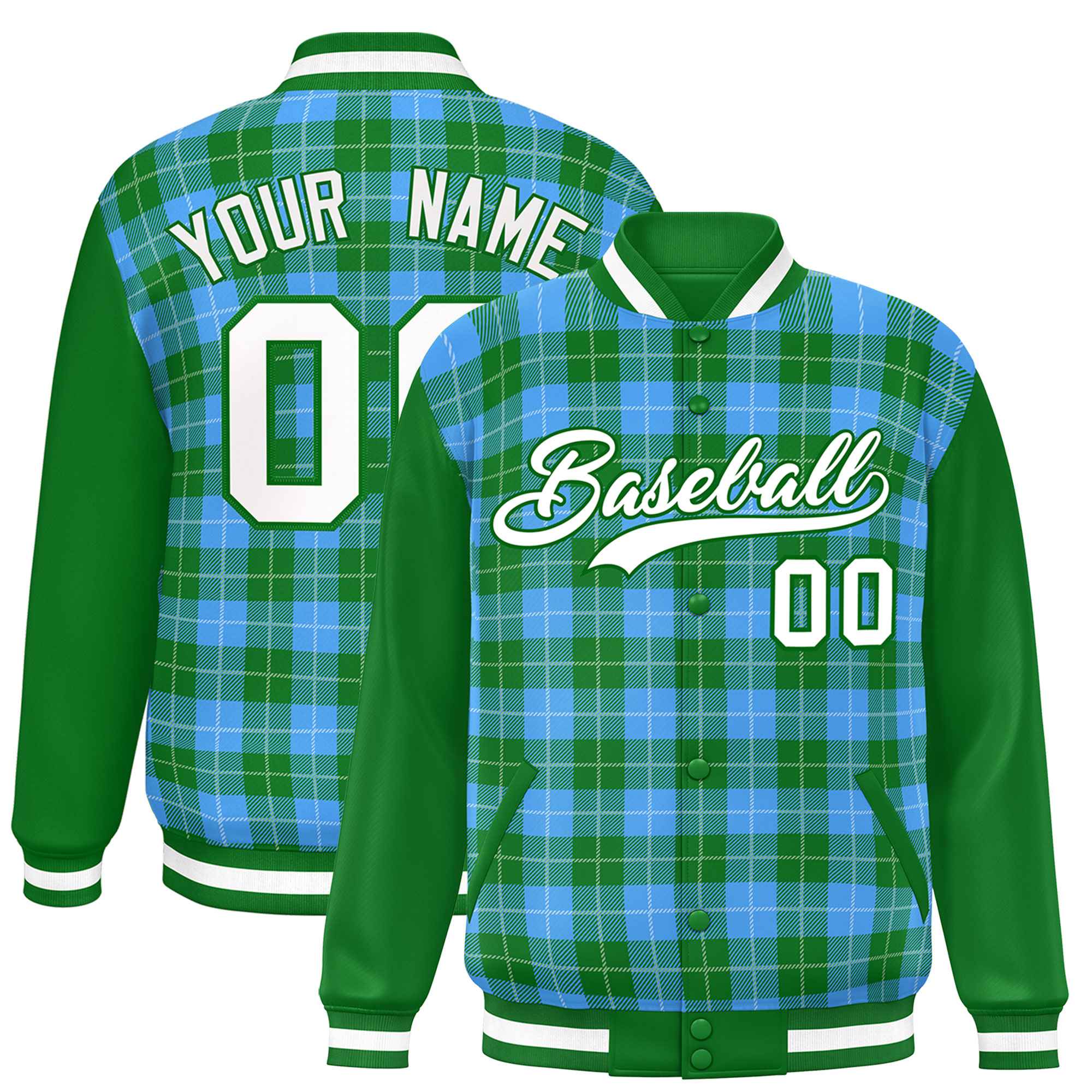 Custom Powder Blue Green-White Varsity Full-Snap Plaid Pattern Letterman Baseball Jacket