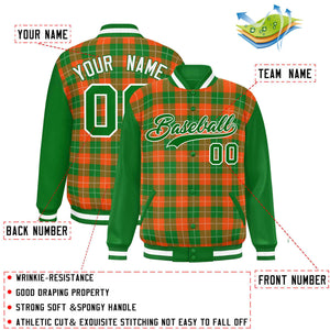 Custom Orange Green-White Varsity Full-Snap Plaid Pattern Letterman Baseball Jacket