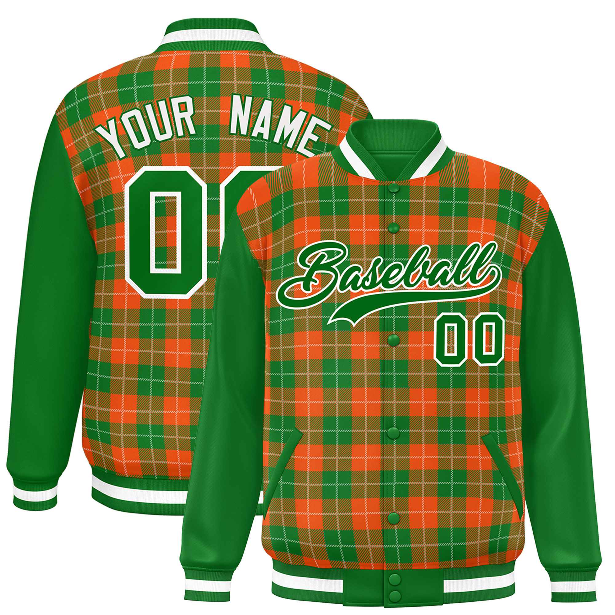 Custom Orange Green-White Varsity Full-Snap Plaid Pattern Letterman Baseball Jacket