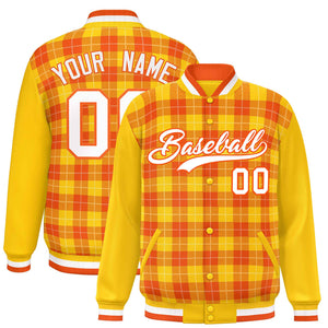 Custom Orange Gold-White Varsity Full-Snap Plaid Pattern Letterman Baseball Jacket