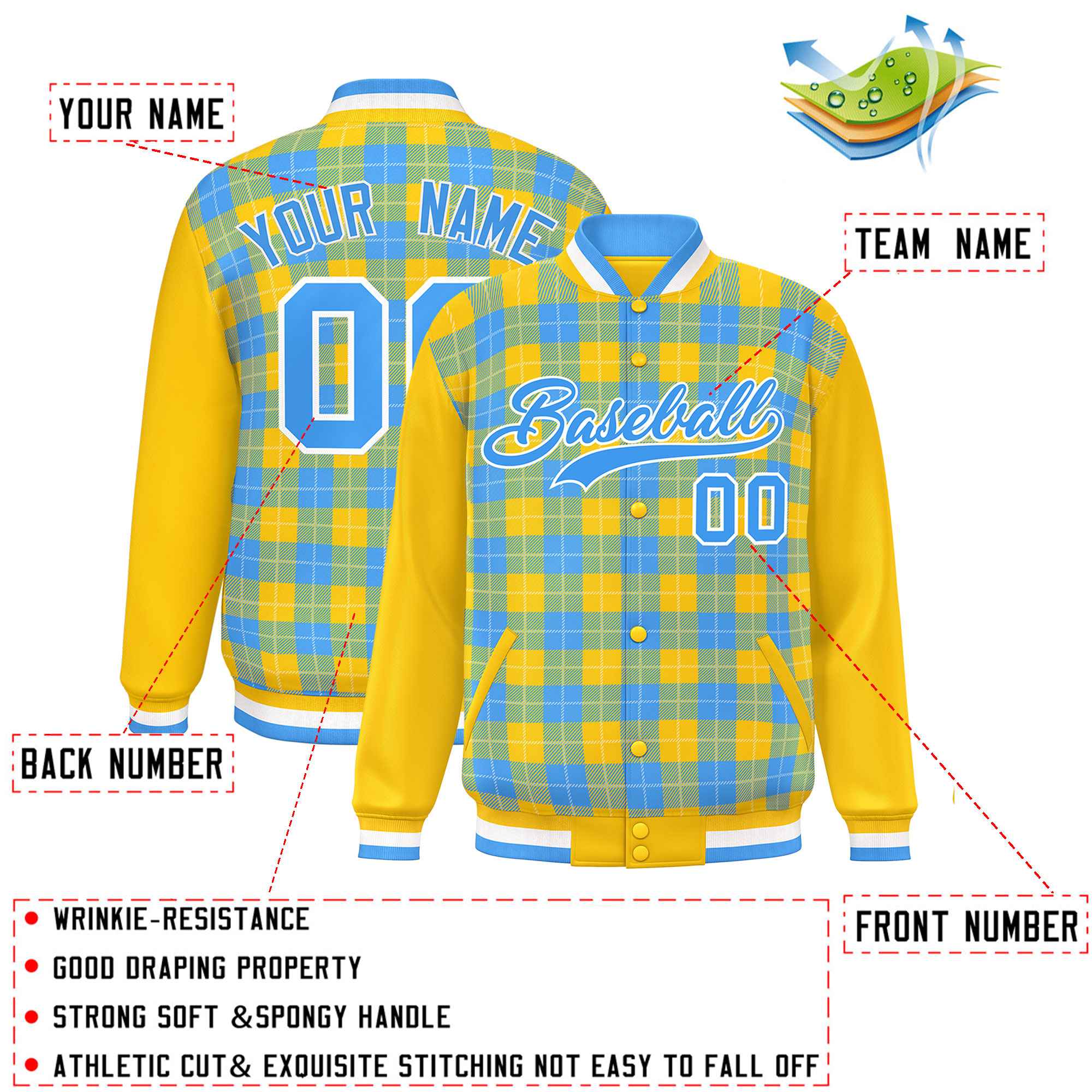 Custom Powder Blue Gold-White Varsity Full-Snap Plaid Pattern Letterman Baseball Jacket