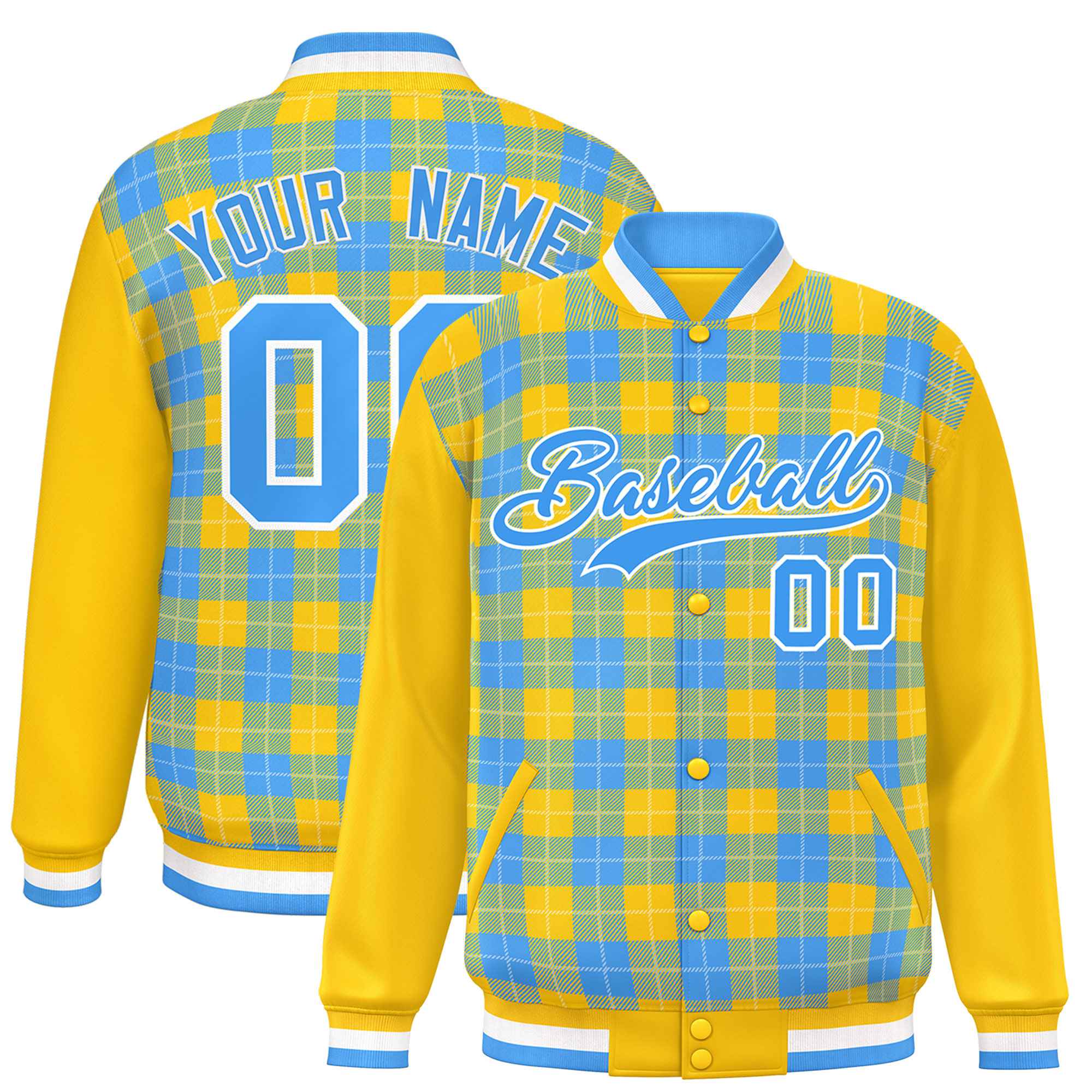 Custom Powder Blue Gold-White Varsity Full-Snap Plaid Pattern Letterman Baseball Jacket