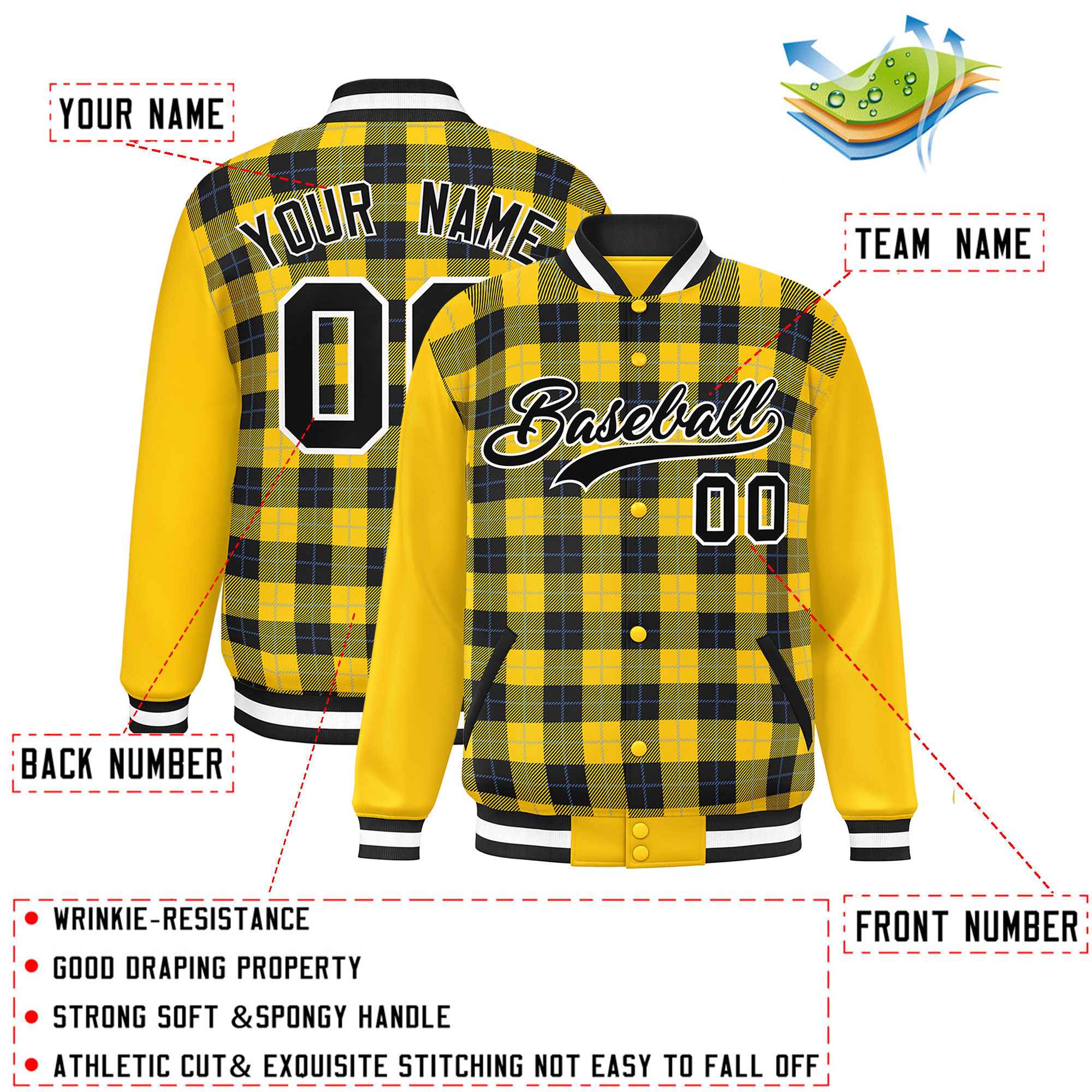 Custom Black Gold-Powder Blue Varsity Full-Snap Plaid Pattern Letterman Baseball Jacket