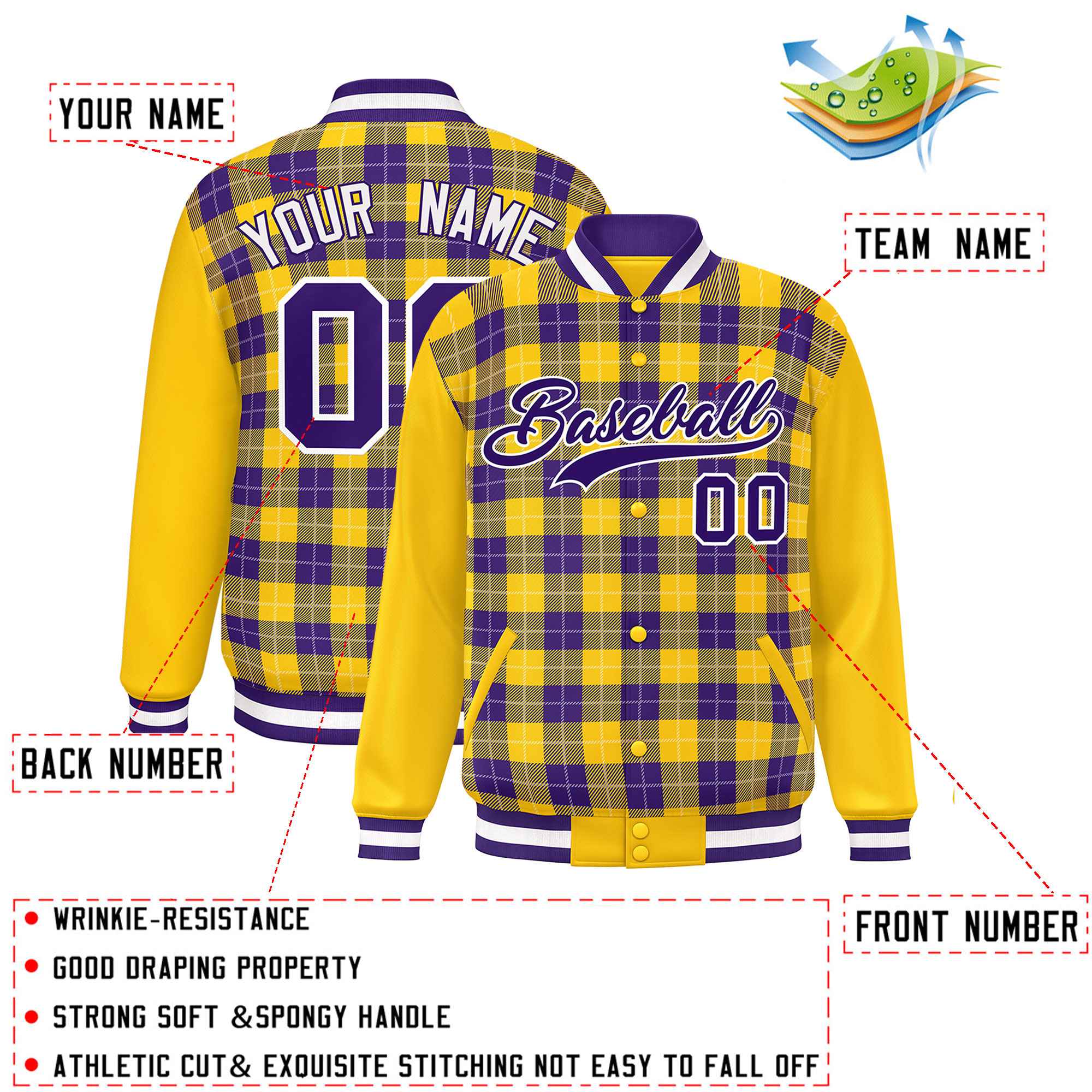 Custom Purple Gold-White Varsity Full-Snap Plaid Pattern Letterman Baseball Jacket