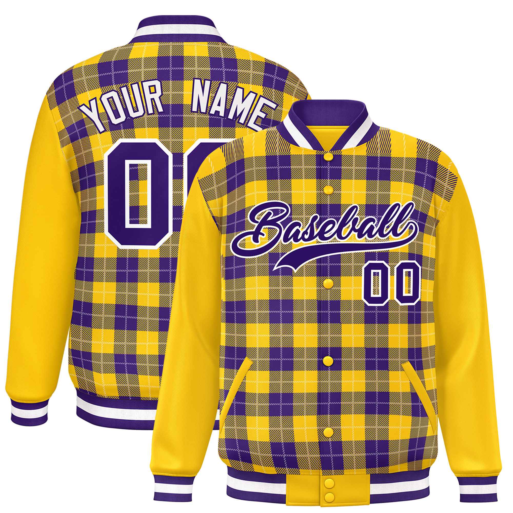 Custom Purple Gold-White Varsity Full-Snap Plaid Pattern Letterman Baseball Jacket