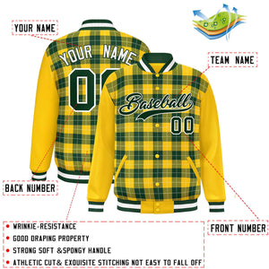 Custom Green Gold-White Varsity Full-Snap Plaid Pattern Letterman Baseball Jacket