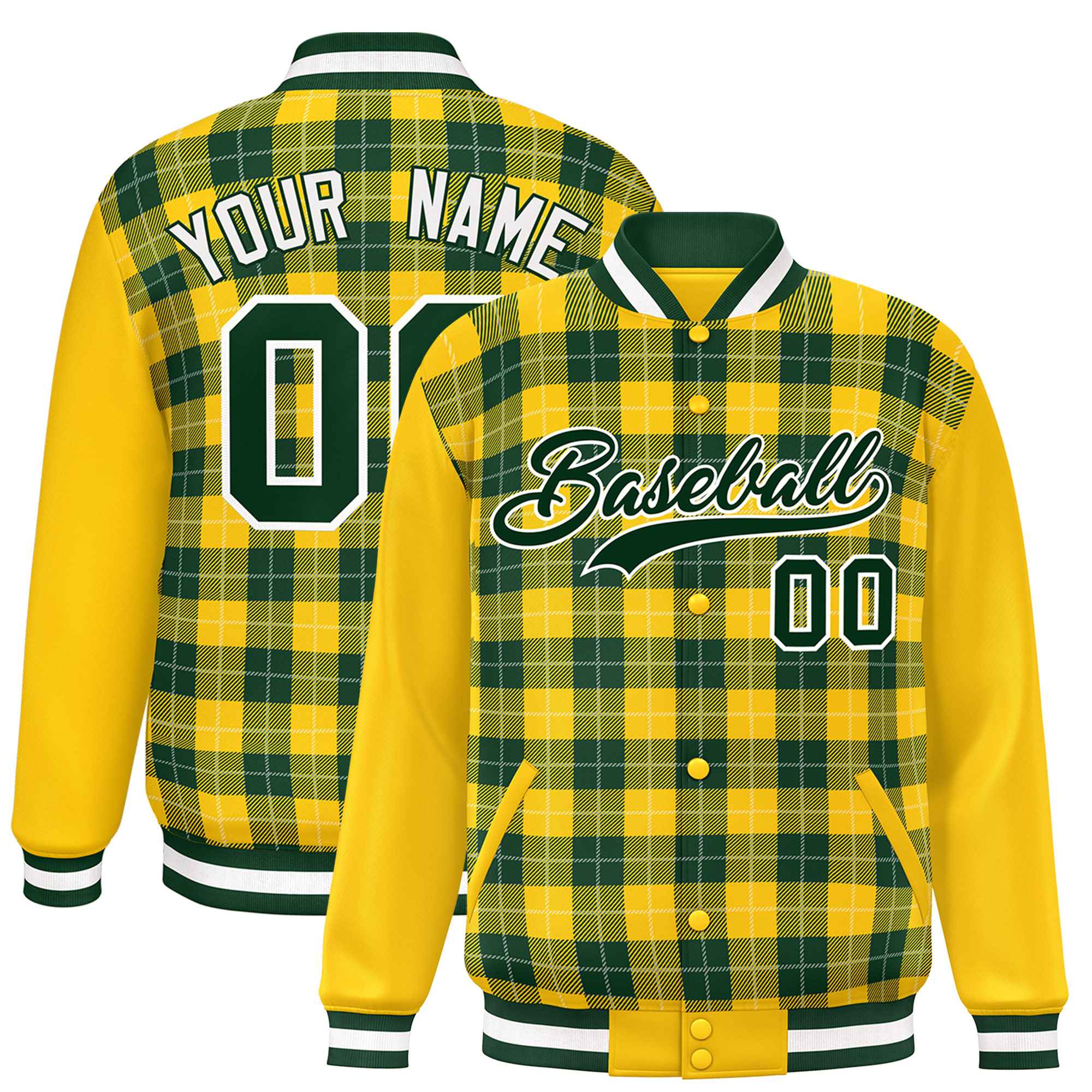 Custom Green Gold-White Varsity Full-Snap Plaid Pattern Letterman Baseball Jacket