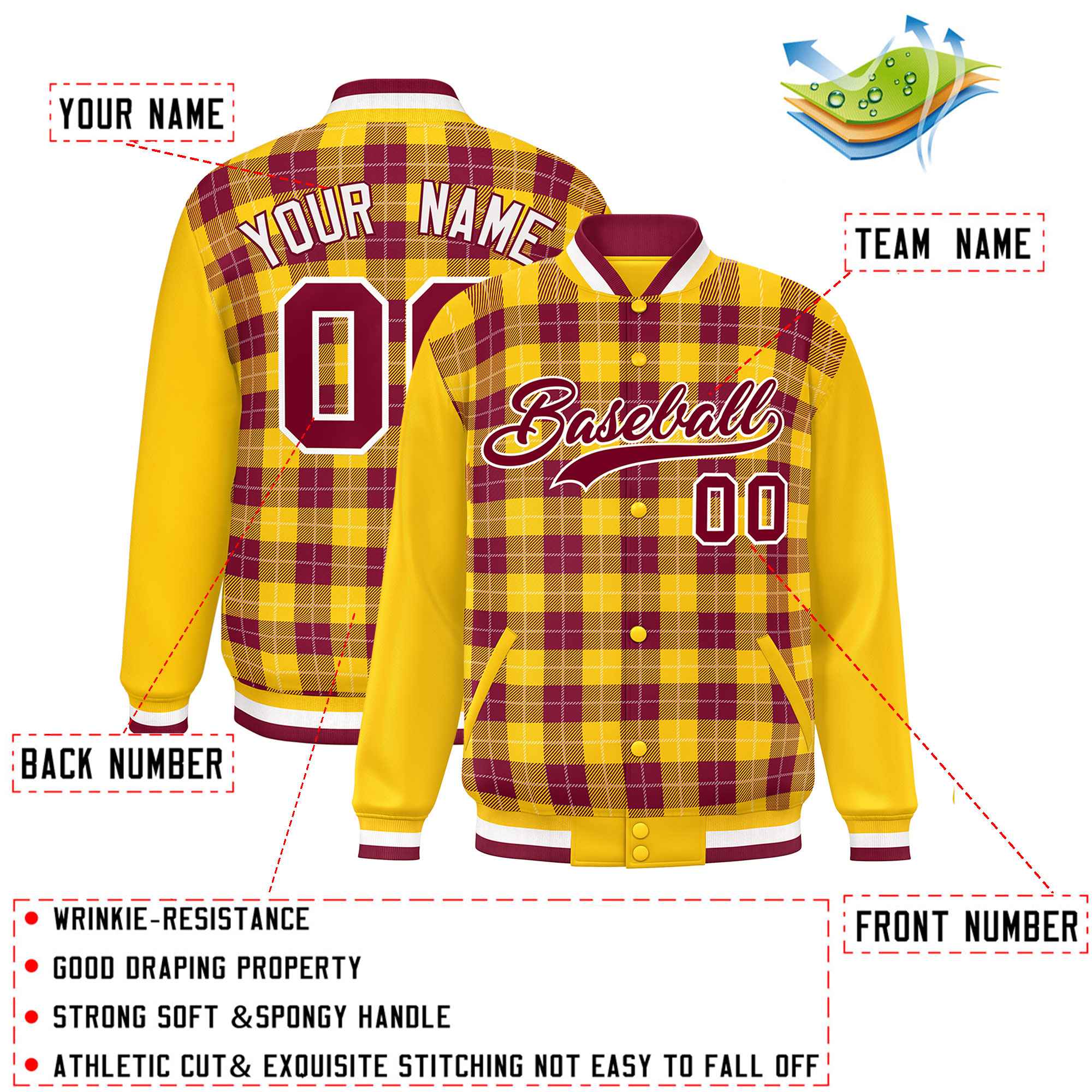 Custom Crimson Gold-White Varsity Full-Snap Plaid Pattern Letterman Baseball Jacket