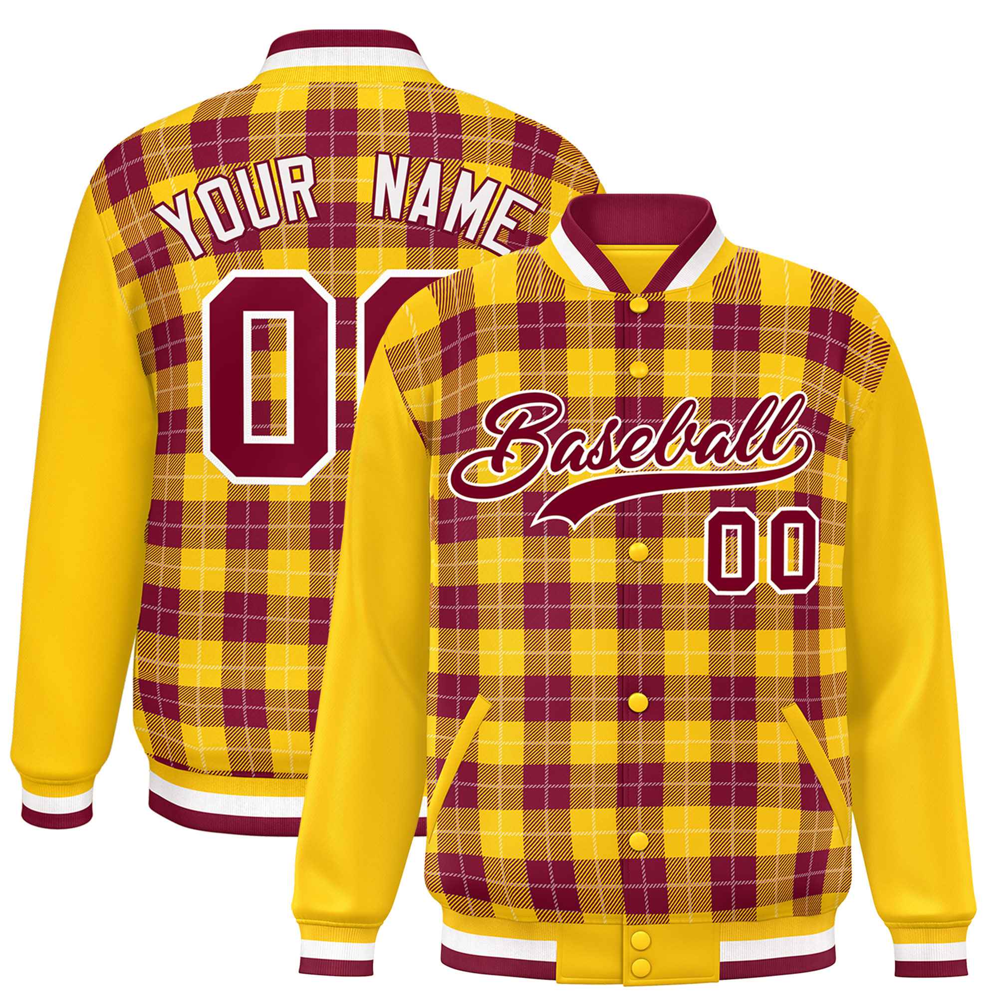 Custom Crimson Gold-White Varsity Full-Snap Plaid Pattern Letterman Baseball Jacket