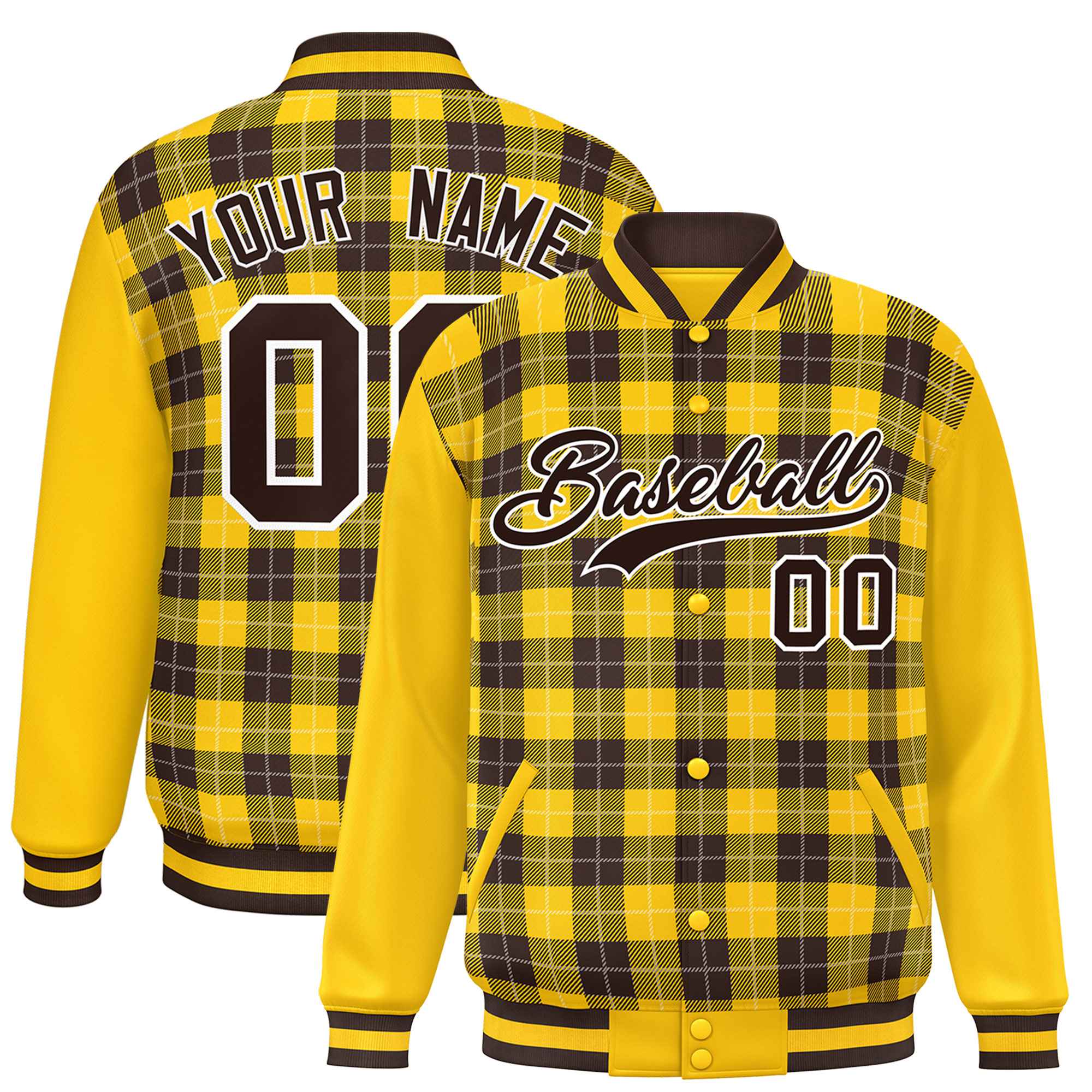 Custom Brown Gold-White Varsity Full-Snap Plaid Pattern Letterman Baseball Jacket