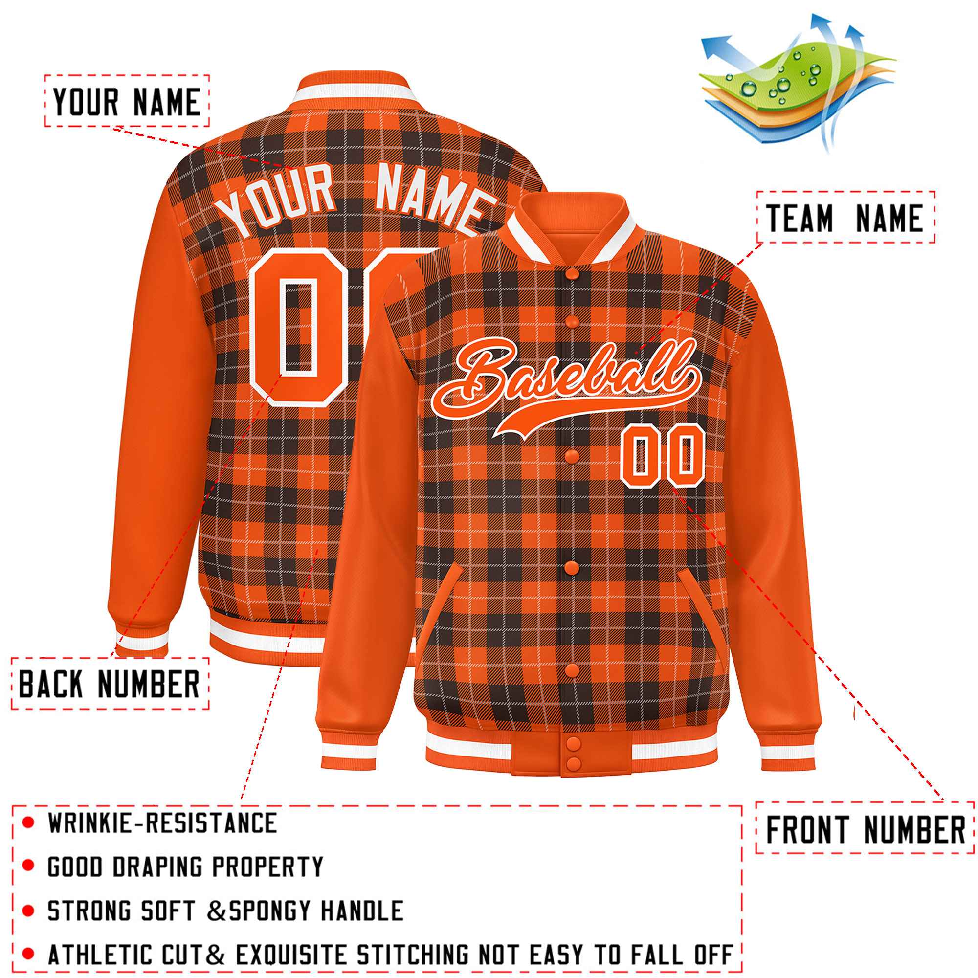 Custom Brown Orange-White Varsity Full-Snap Plaid Pattern Letterman Baseball Jacket