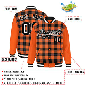 Custom Black Orange-Powder Blue Varsity Full-Snap Plaid Pattern Letterman Baseball Jacket