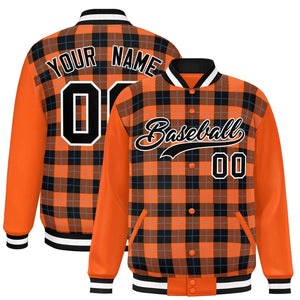 Custom Black Orange-Powder Blue Varsity Full-Snap Plaid Pattern Letterman Baseball Jacket