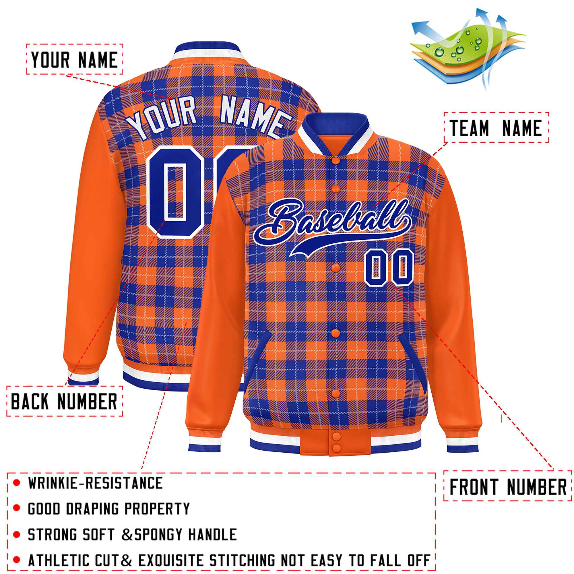 Custom Royal Orange-White Varsity Full-Snap Plaid Pattern Letterman Baseball Jacket