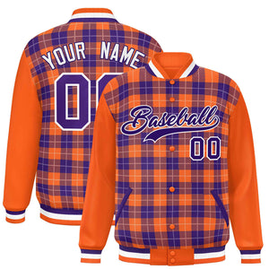 Custom Purple Orange-White Varsity Full-Snap Plaid Pattern Letterman Baseball Jacket