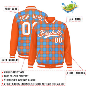 Custom Powder Blue Orange-White Varsity Full-Snap Plaid Pattern Letterman Baseball Jacket