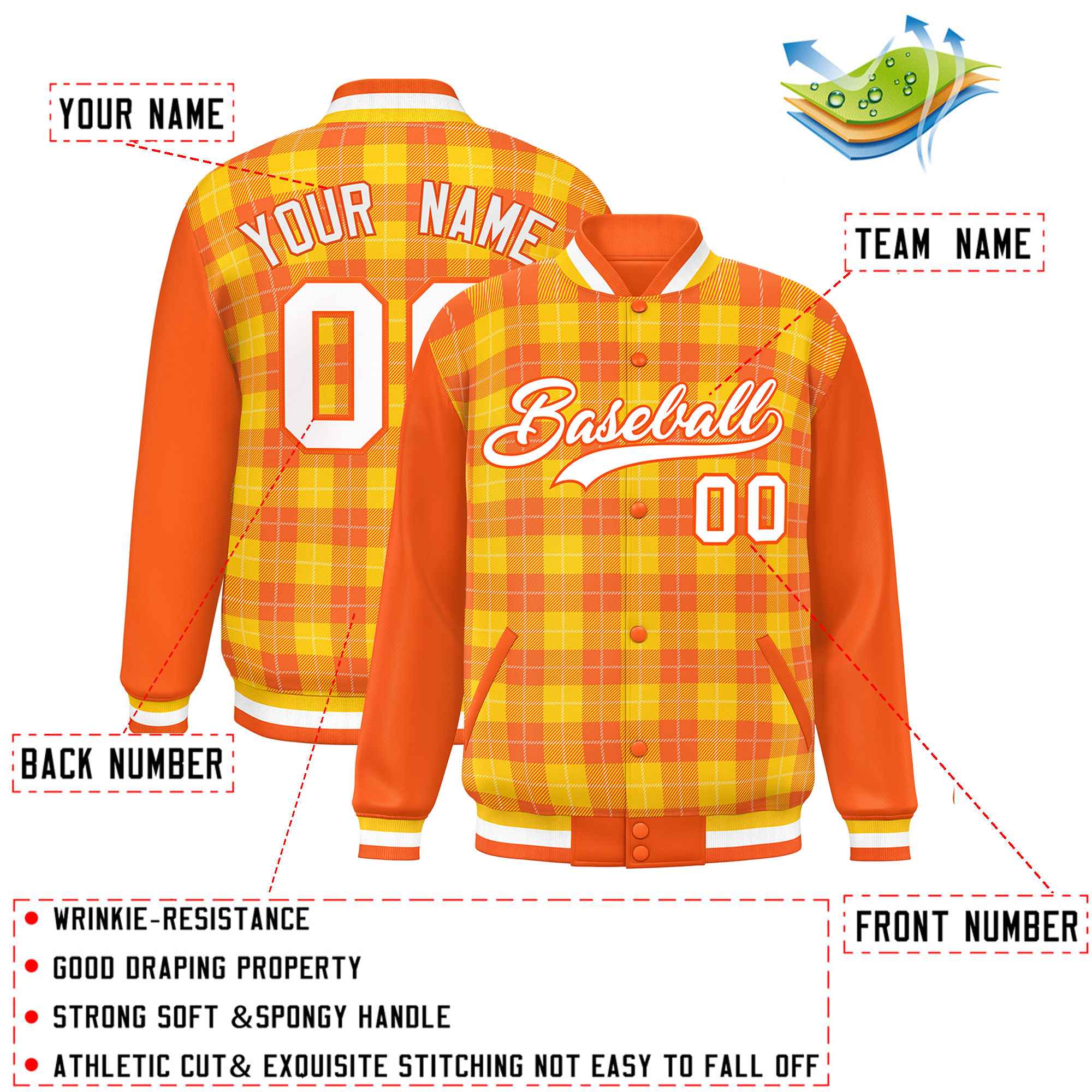 Custom Gold Orange-White Varsity Full-Snap Plaid Pattern Letterman Baseball Jacket