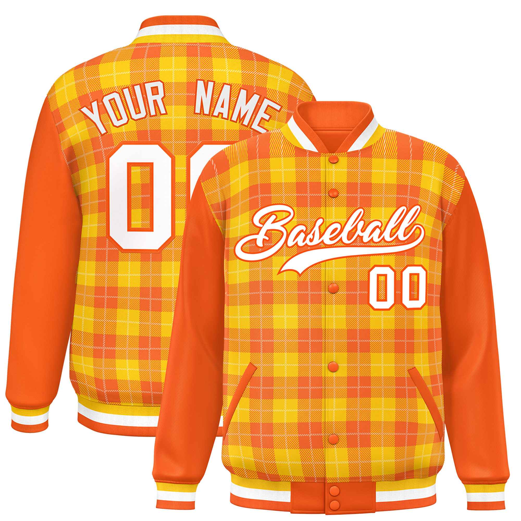 Custom Gold Orange-White Varsity Full-Snap Plaid Pattern Letterman Baseball Jacket