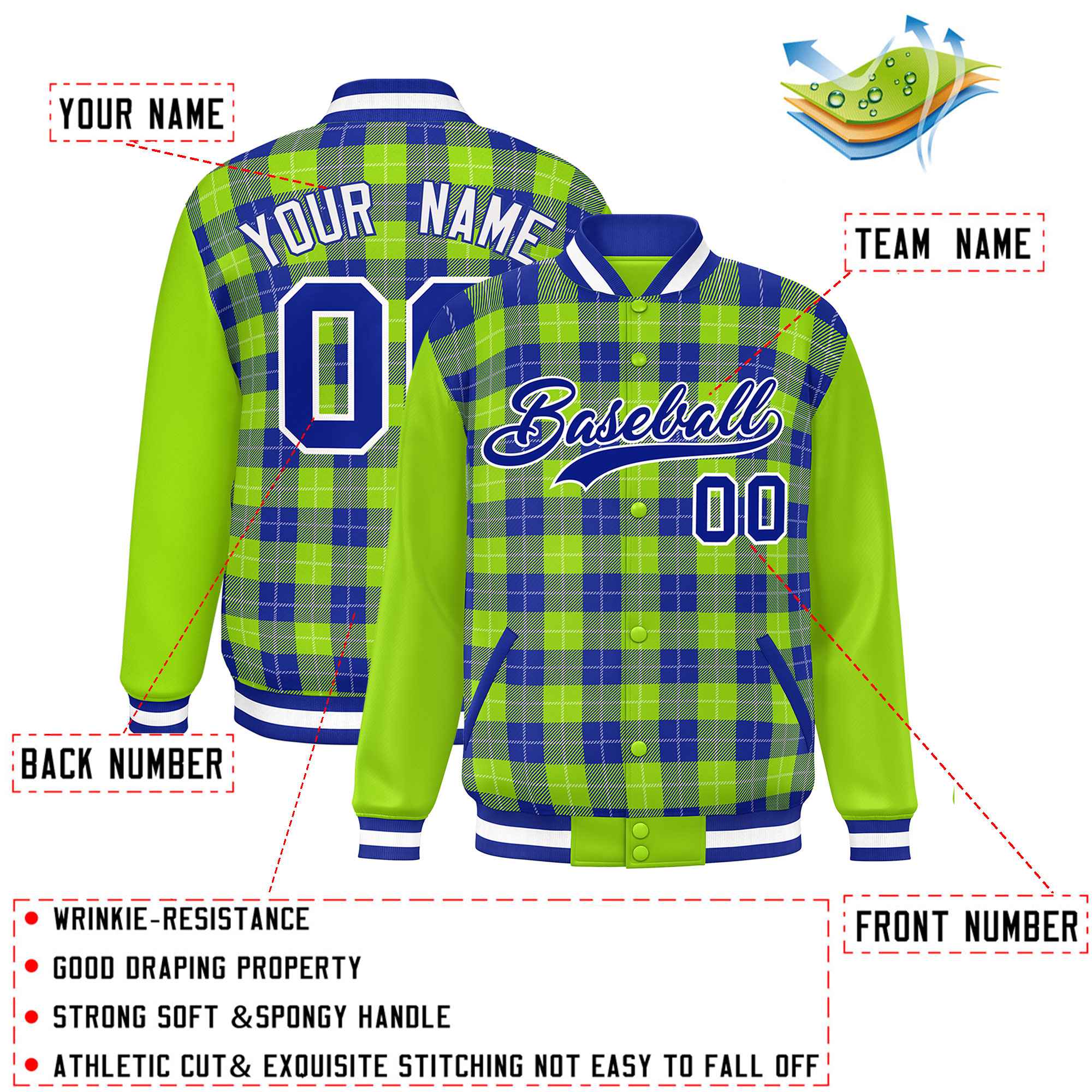 Custom Royal Neon Green-White Varsity Full-Snap Plaid Pattern Letterman Baseball Jacket