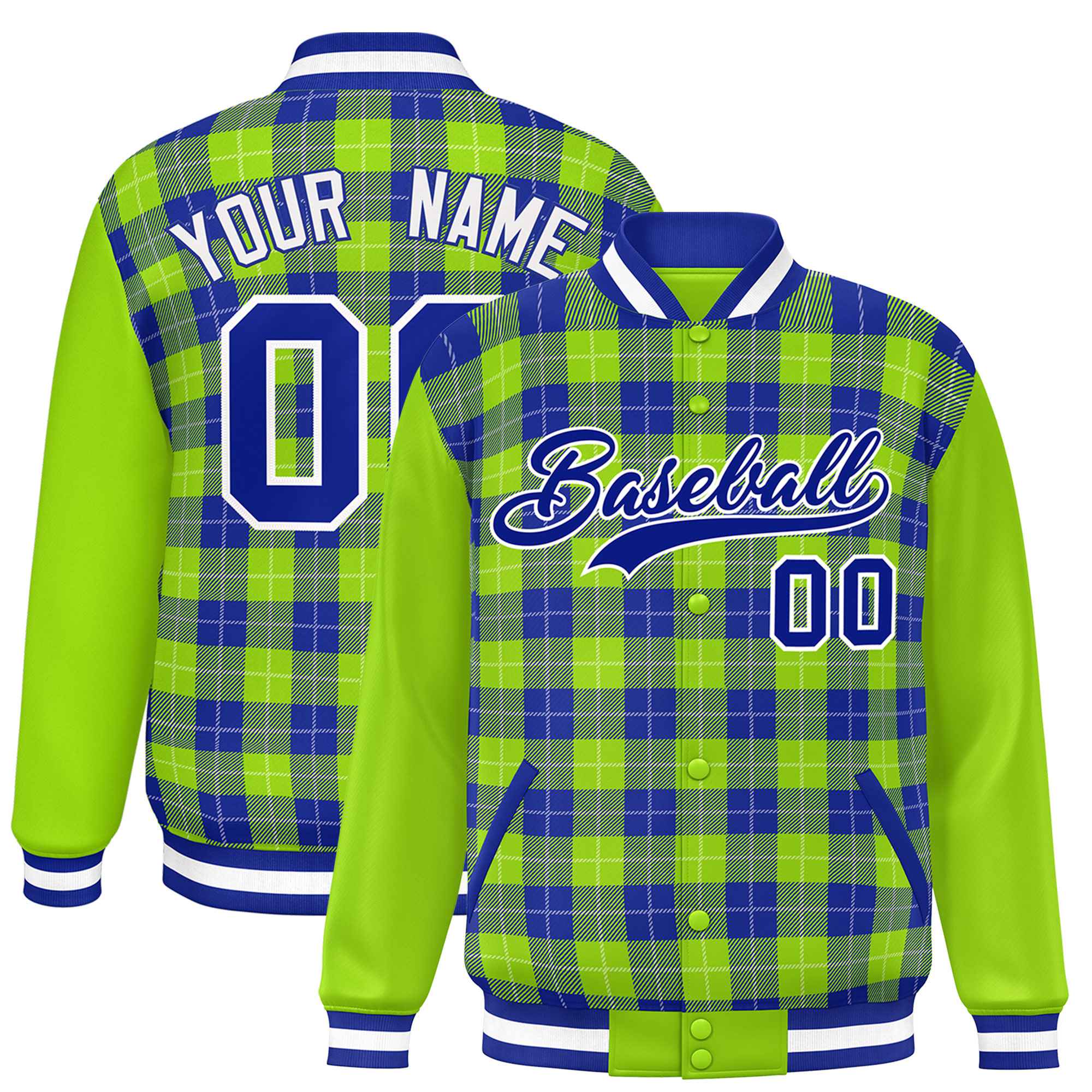 Custom Royal Neon Green-White Varsity Full-Snap Plaid Pattern Letterman Baseball Jacket