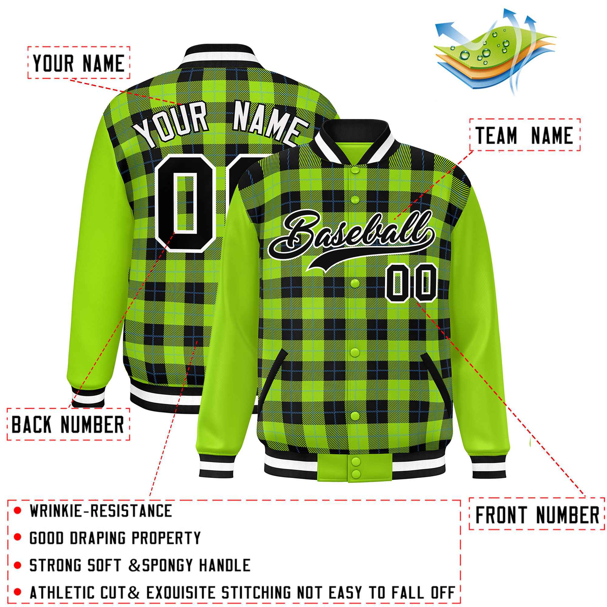 Custom Black Neon Green-Powder Blue Varsity Full-Snap Plaid Pattern Letterman Baseball Jacket