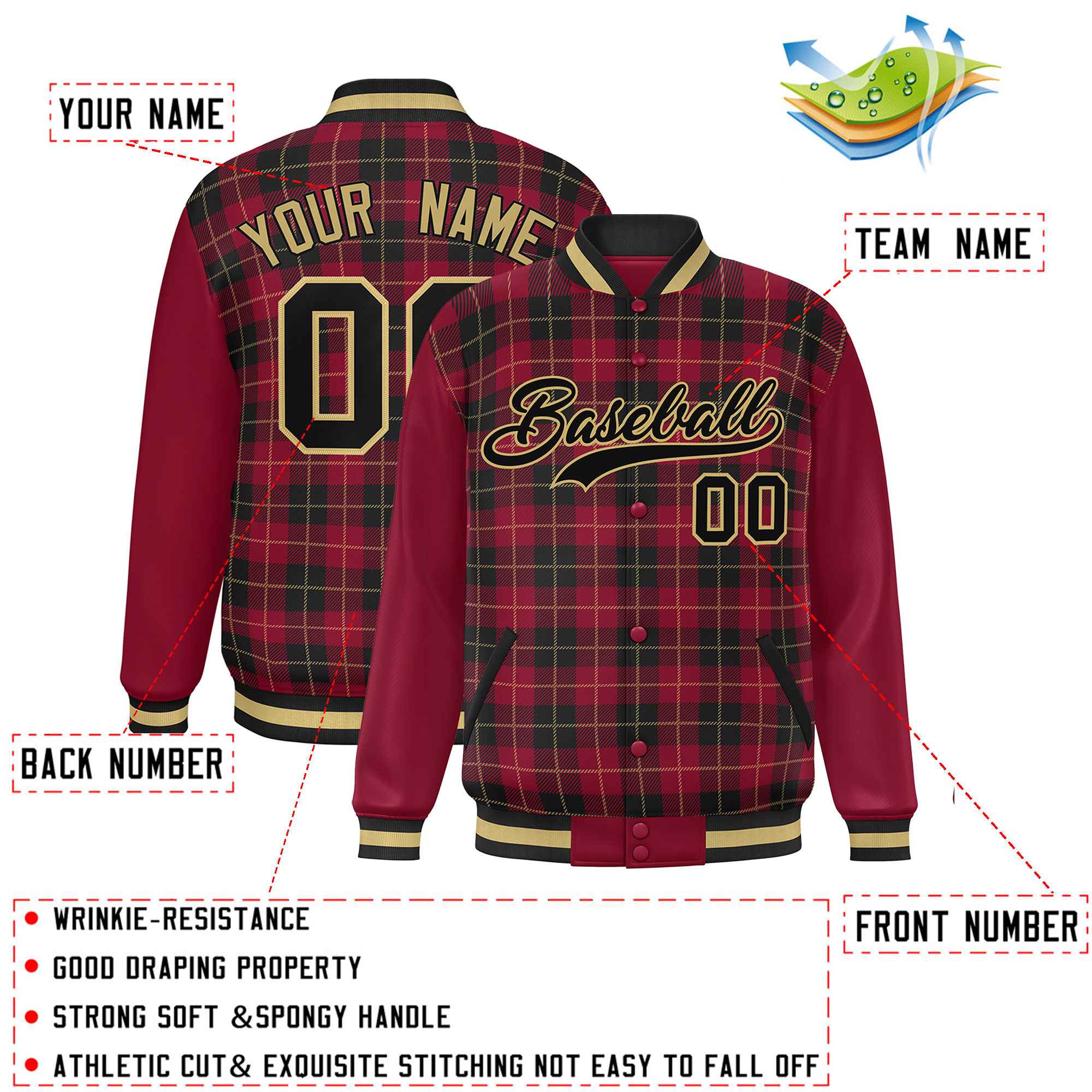 Custom Black Crimson-Khaki Varsity Full-Snap Plaid Pattern Letterman Baseball Jacket