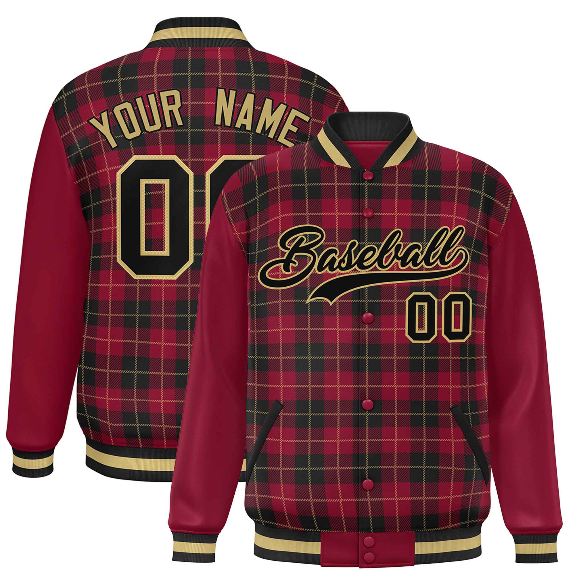 Custom Black Crimson-Khaki Varsity Full-Snap Plaid Pattern Letterman Baseball Jacket