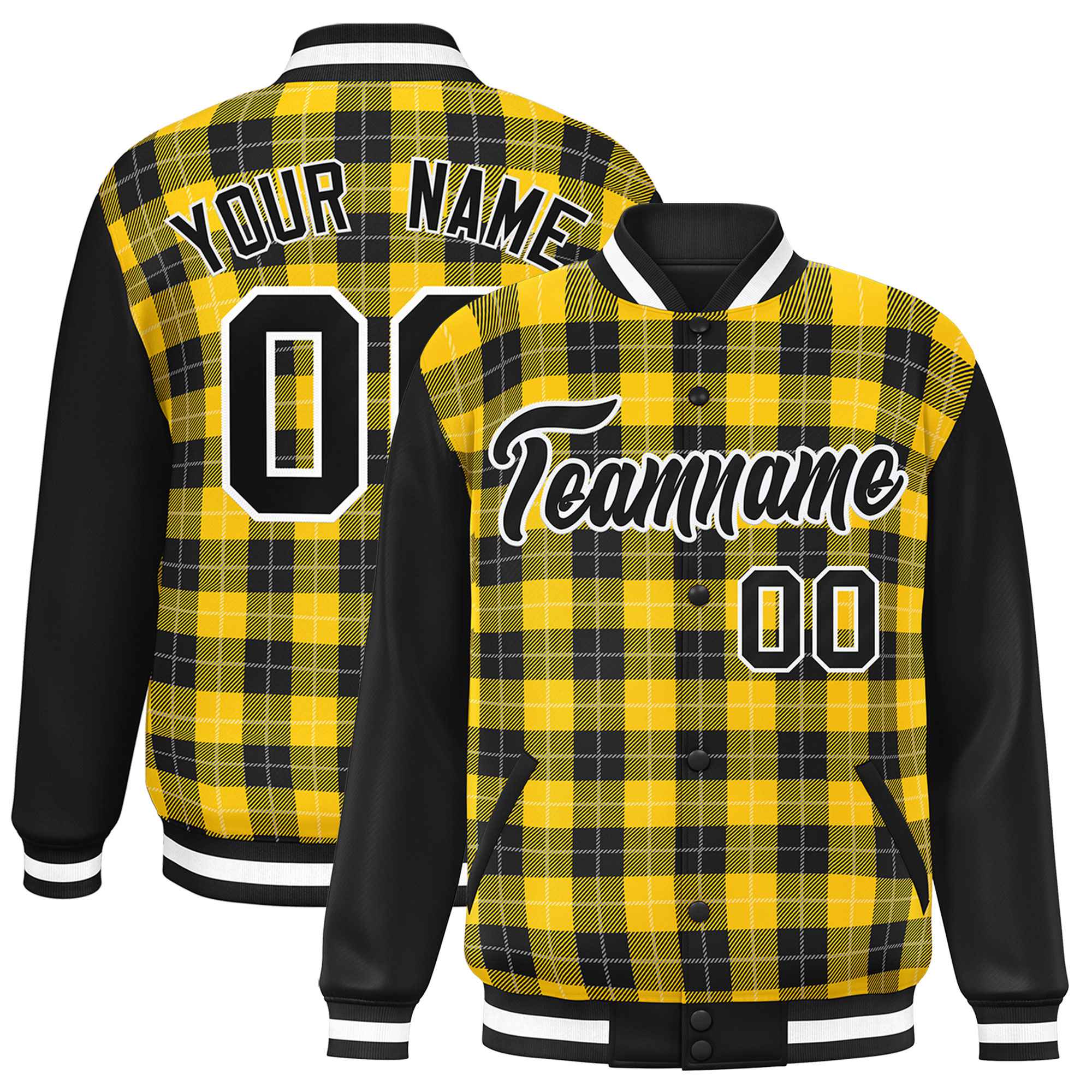 Custom Gold Black-White Varsity Full-Snap Plaid Pattern Letterman Baseball Jacket