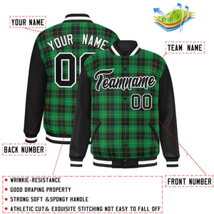 Custom Green Black-Neon Green Varsity Full-Snap Plaid Pattern Letterman Baseball Jacket