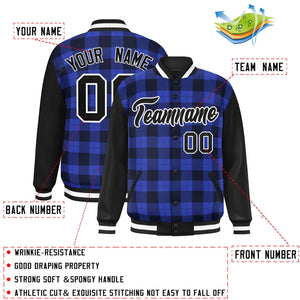 Custom Royal Navy-Black Varsity Full-Snap Plaid Pattern Letterman Baseball Jacket