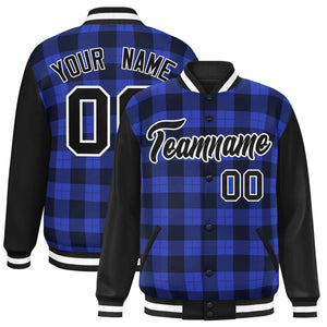 Custom Royal Navy-Black Varsity Full-Snap Plaid Pattern Letterman Baseball Jacket