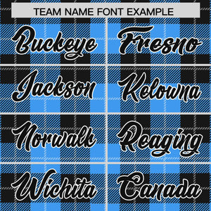 Custom Powder Blue Black-White Varsity Full-Snap Plaid Pattern Letterman Baseball Jacket