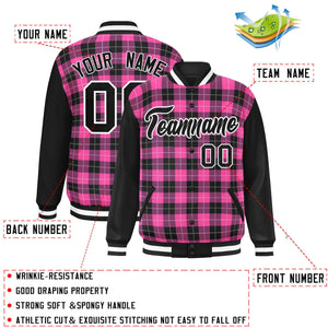 Custom Pink Black-White Varsity Full-Snap Plaid Pattern Letterman Baseball Jacket