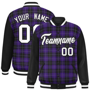 Custom Purple Black-White Varsity Full-Snap Plaid Pattern Letterman Baseball Jacket