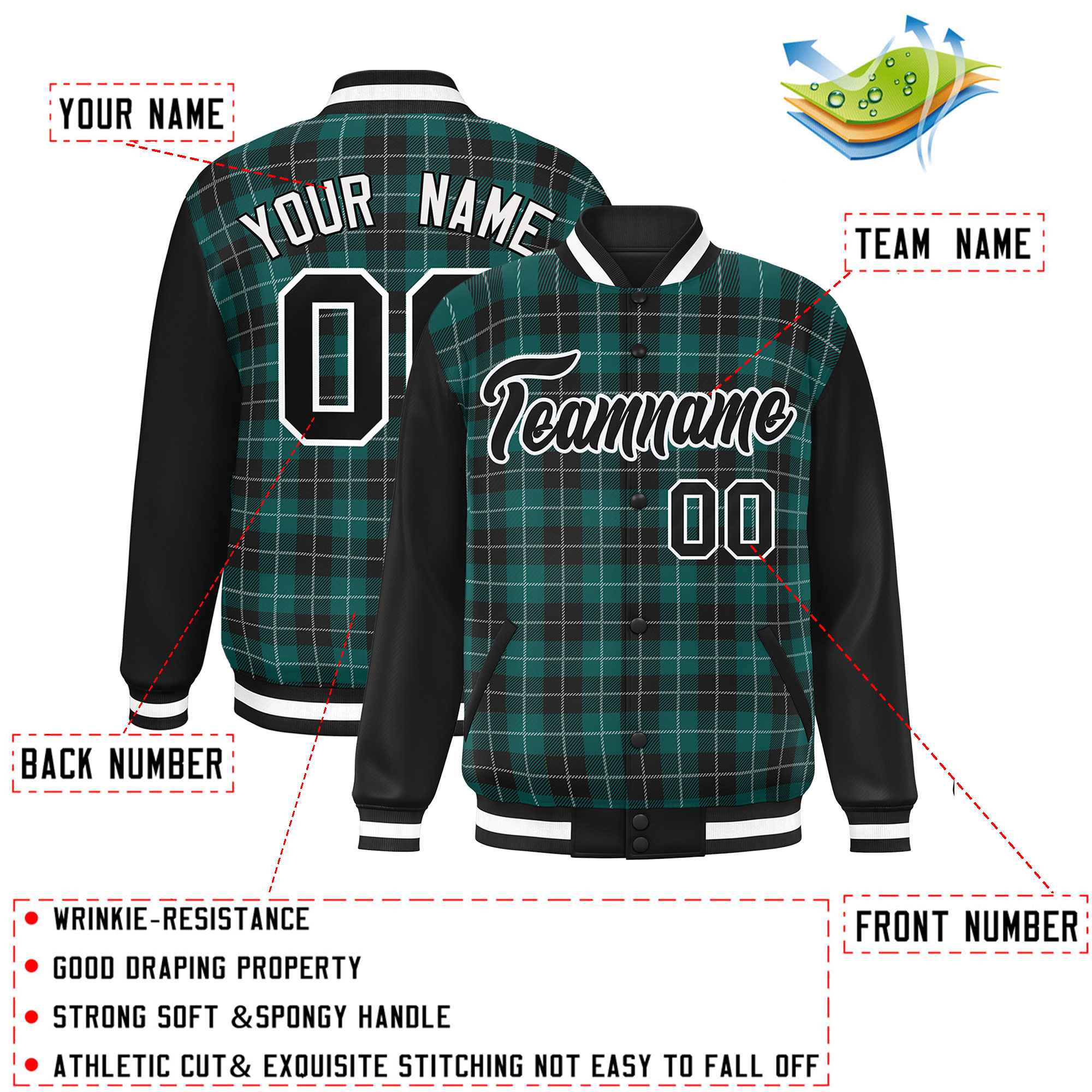 Custom Midnight Green Black-White Varsity Full-Snap Plaid Pattern Letterman Baseball Jacket