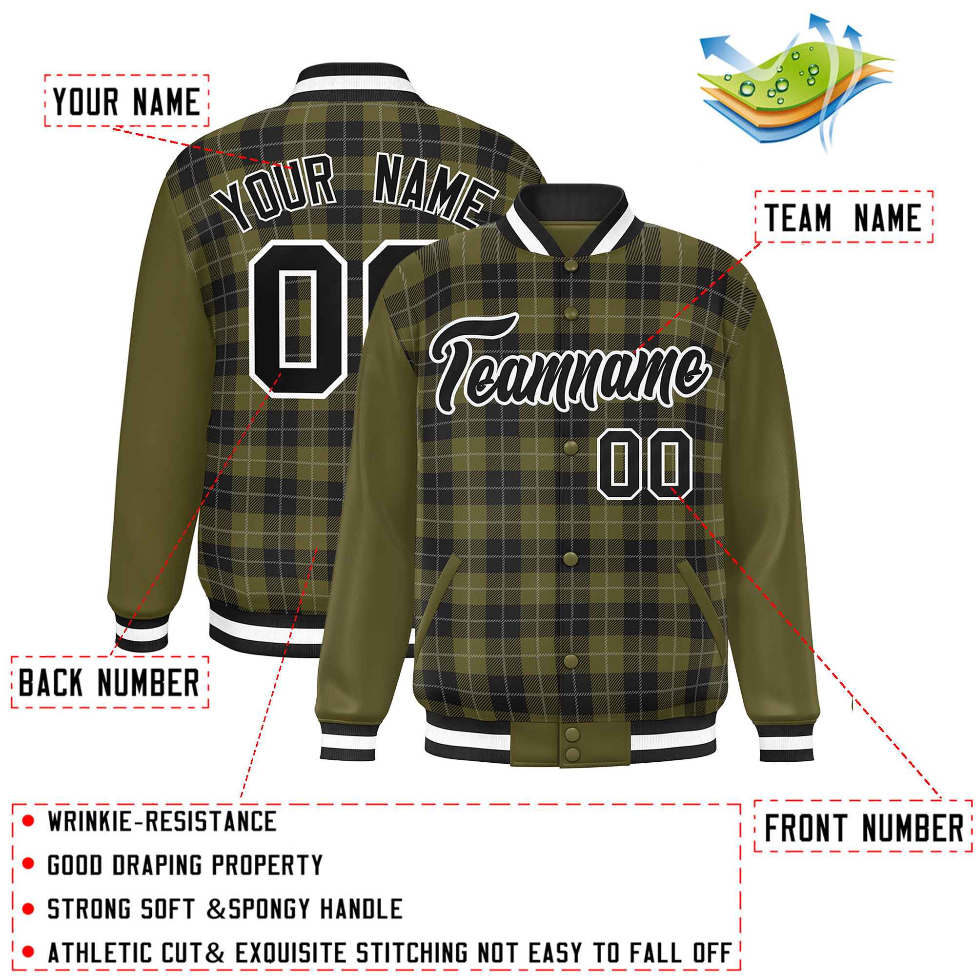 Custom Olive Black-Gray Varsity Full-Snap Plaid Pattern Letterman Baseball Jacket