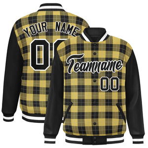 Custom Khaki Black-Gray Varsity Full-Snap Plaid Pattern Letterman Baseball Jacket