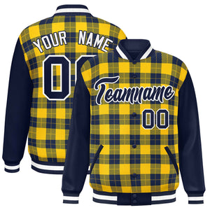 Custom Gold Navy-Gold Varsity Full-Snap Plaid Pattern Letterman Baseball Jacket