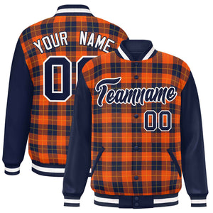 Custom Orange Navy-Gold Varsity Full-Snap Plaid Pattern Letterman Baseball Jacket