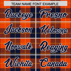 Custom Orange Navy-Gold Varsity Full-Snap Plaid Pattern Letterman Baseball Jacket