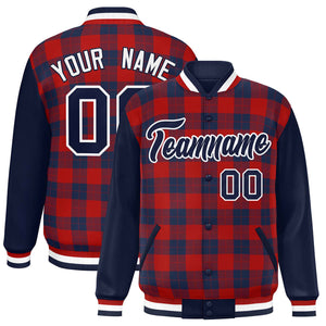 Custom Red Navy-Red Varsity Full-Snap Plaid Pattern Letterman Baseball Jacket