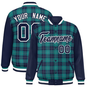 Custom Aqua Navy-Gray Varsity Full-Snap Plaid Pattern Letterman Baseball Jacket