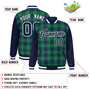 Custom Green Navy-Green Varsity Full-Snap Plaid Pattern Letterman Baseball Jacket