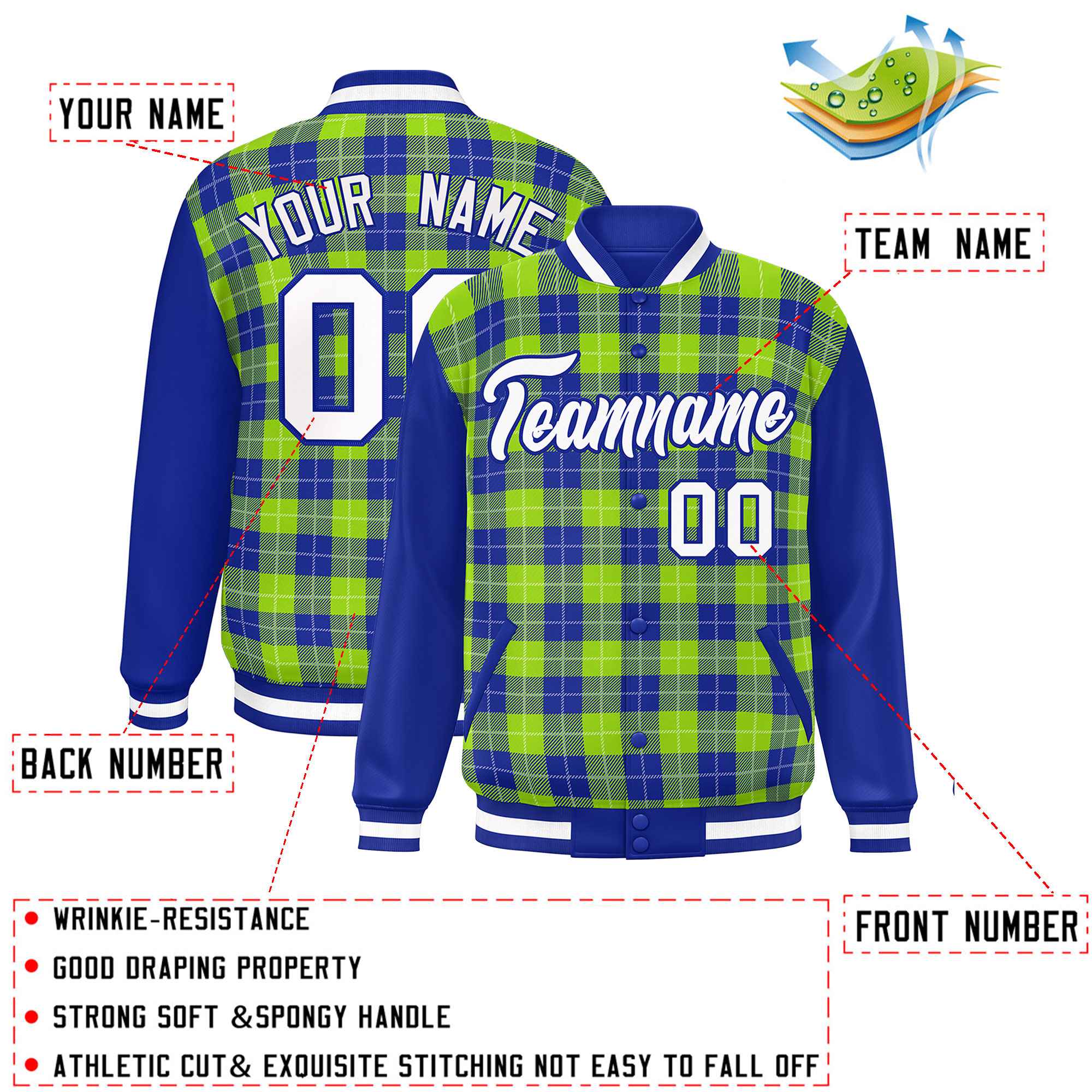 Custom Neon Green Royal-White Varsity Full-Snap Plaid Pattern Letterman Baseball Jacket