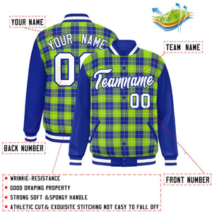 Custom Neon Green Royal-White Varsity Full-Snap Plaid Pattern Letterman Baseball Jacket