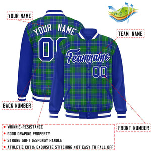 Custom Green Royal-White Varsity Full-Snap Plaid Pattern Letterman Baseball Jacket